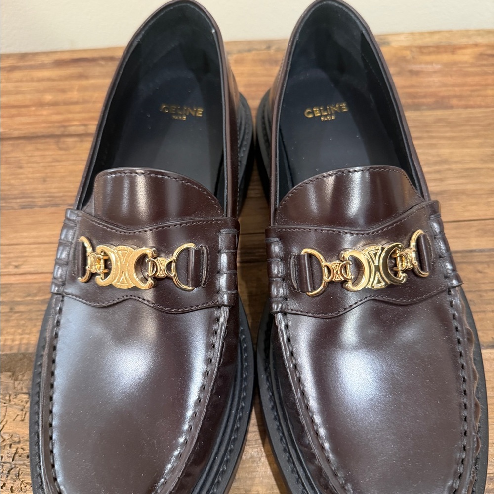 Celine Women’s Brown Leather Loafers with Gold Hardware